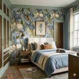 Floral column wallpaper featuring blue and beige iris flowers on a neutral background.