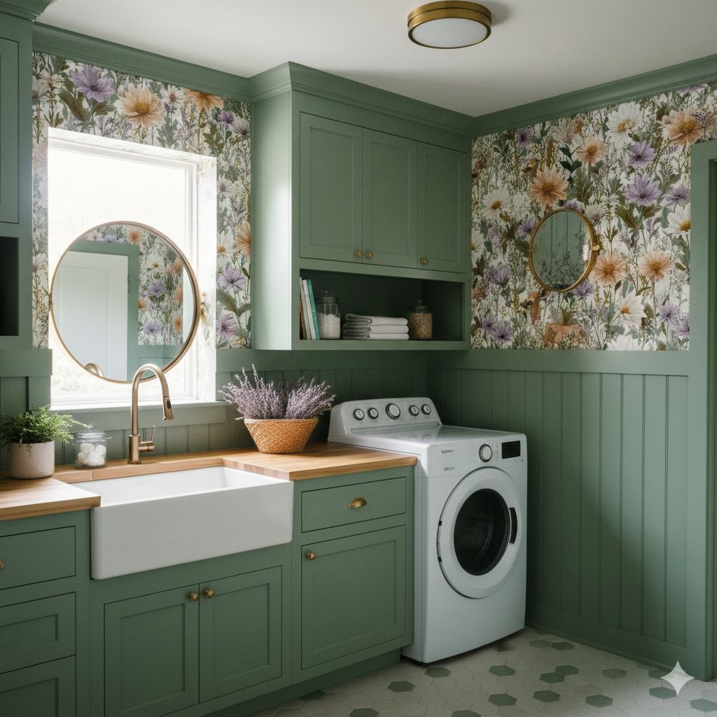 Wildbloom Haven Wallpaper with floral pattern, covering an olive-green laundry room, including cabinets, sink and washing machine.