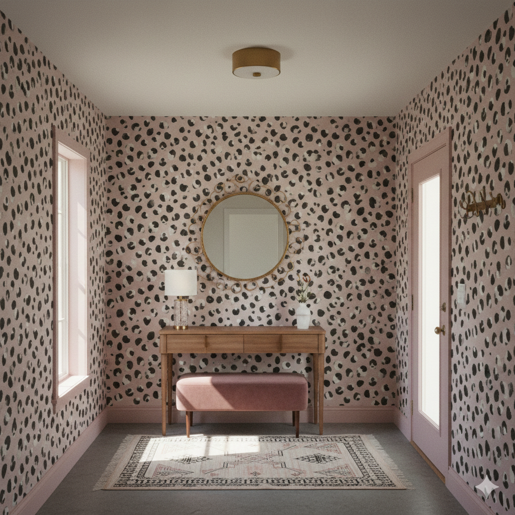 Freya Spot Wallpaper with black and white spots, covering walls in a styled entryway.