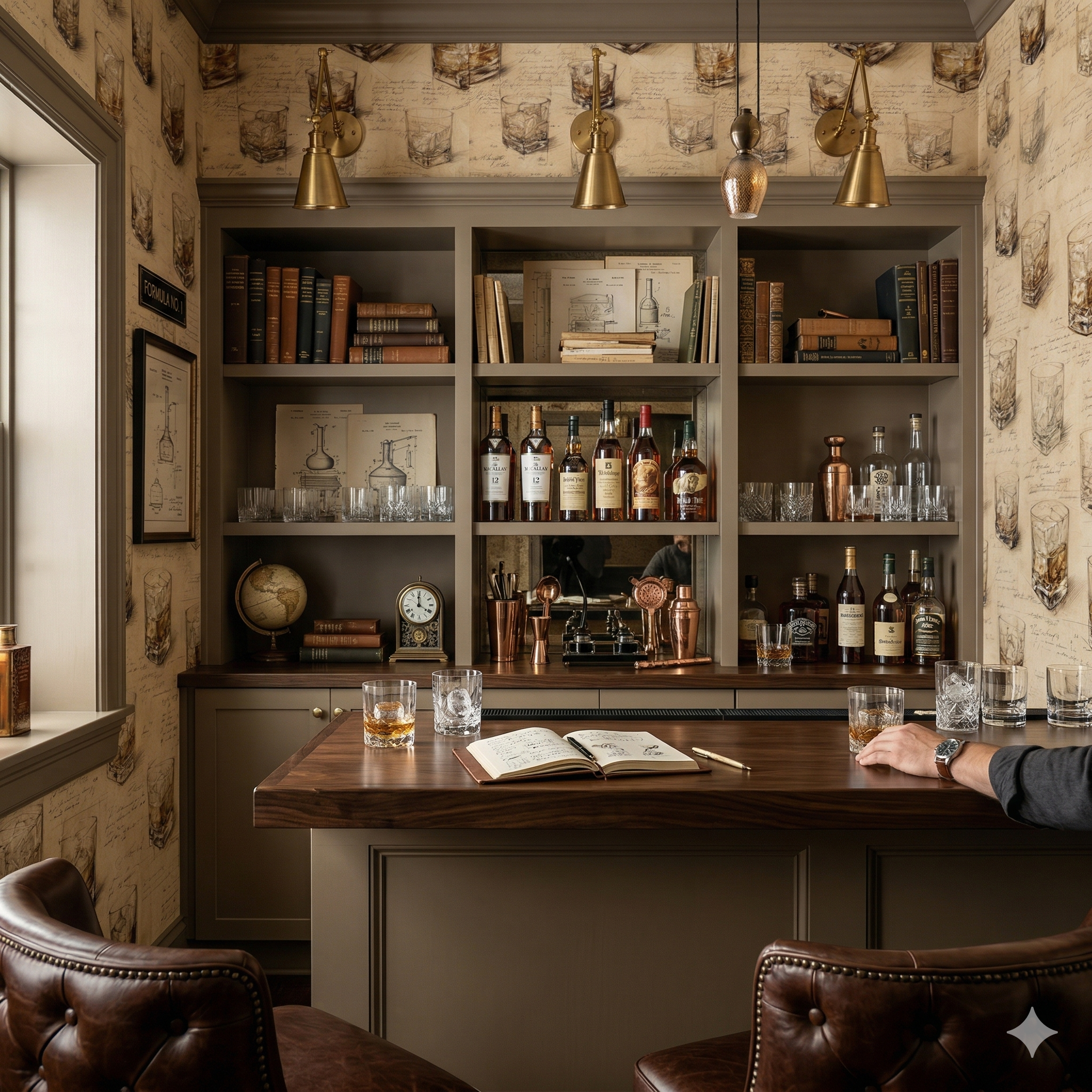 Neutral-toned wallpaper with glass and script motif by Draft & Dram, shown as installed in a bar setting.
