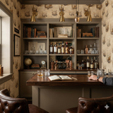 Neutral-toned wallpaper with glass and script motif by Draft & Dram, shown as installed in a bar setting.
