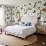 Dog themed wallpaper with leaf pattern from Blueleaf, covering an entire bedroom wall.

