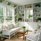 Egret Bloom Wallpaper with white birds and green reeds, covering the sunroom walls.
