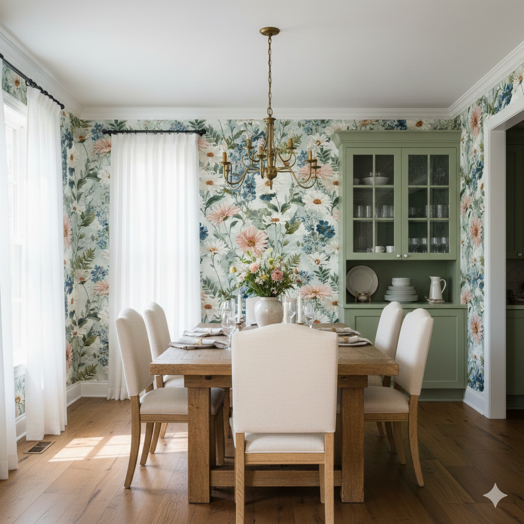 Floral Silverpoint Daisyfield Wallpaper with a daisy pattern covering a dining room wall.
