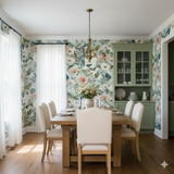 Floral Silverpoint Daisyfield Wallpaper with a daisy pattern covering a dining room wall.
