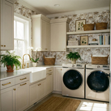 Neutral botanical wallpaper with taupe bamboo pattern, covering the walls of a laundry room