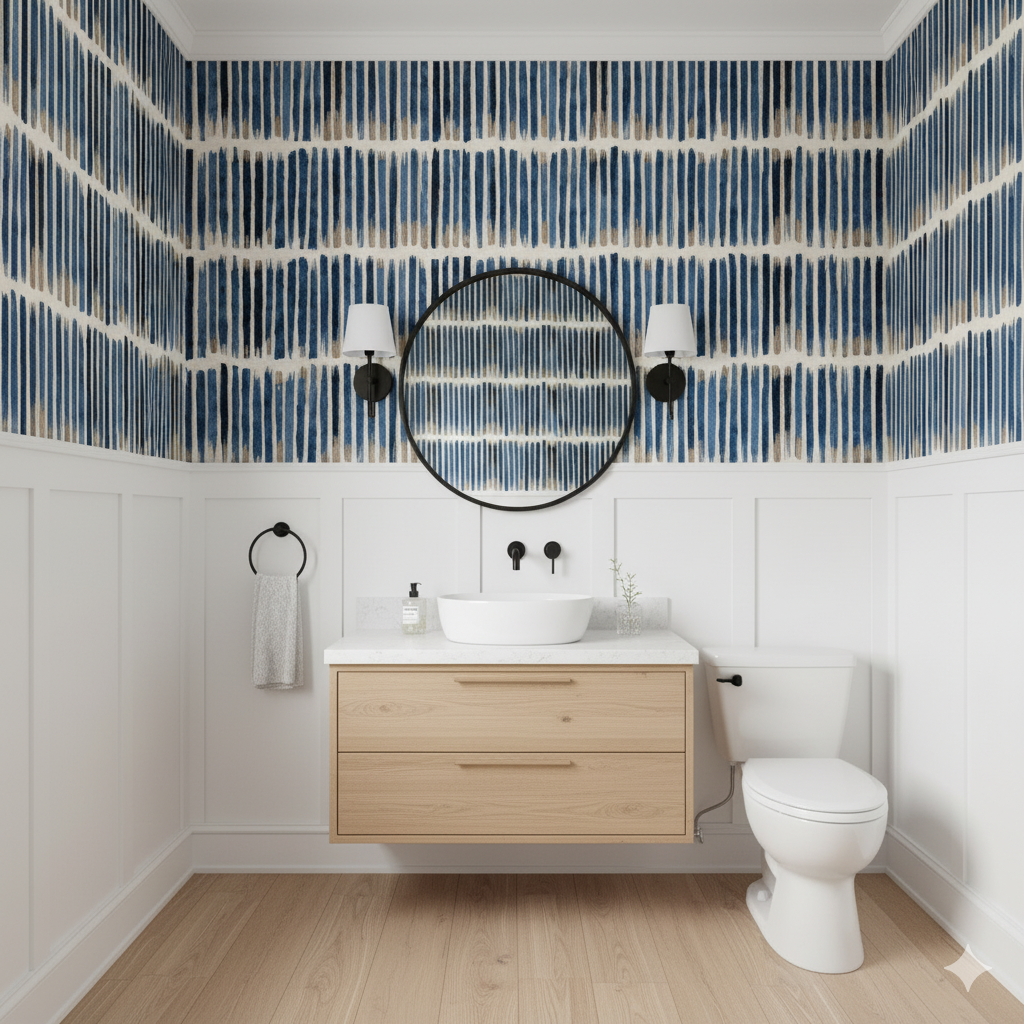 Bracken Stripe wallpaper with blue vertical stripes on beige background, and dark accents.