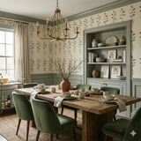 Rootbound Ledger wallpaper with plant design on a dining room wall behind a wood table.