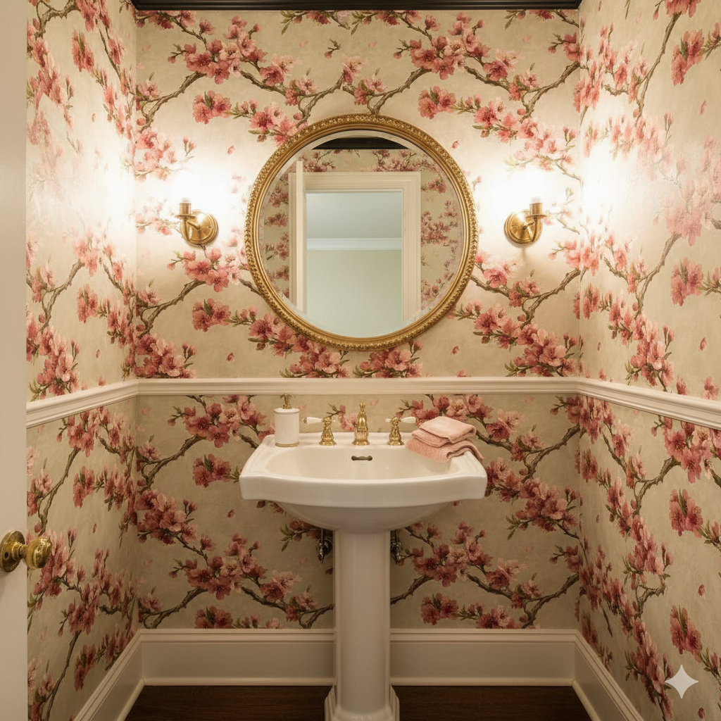 Floral wallpaper with cherry blossom pattern on the wall covering, featuring a gold framed mirror.
