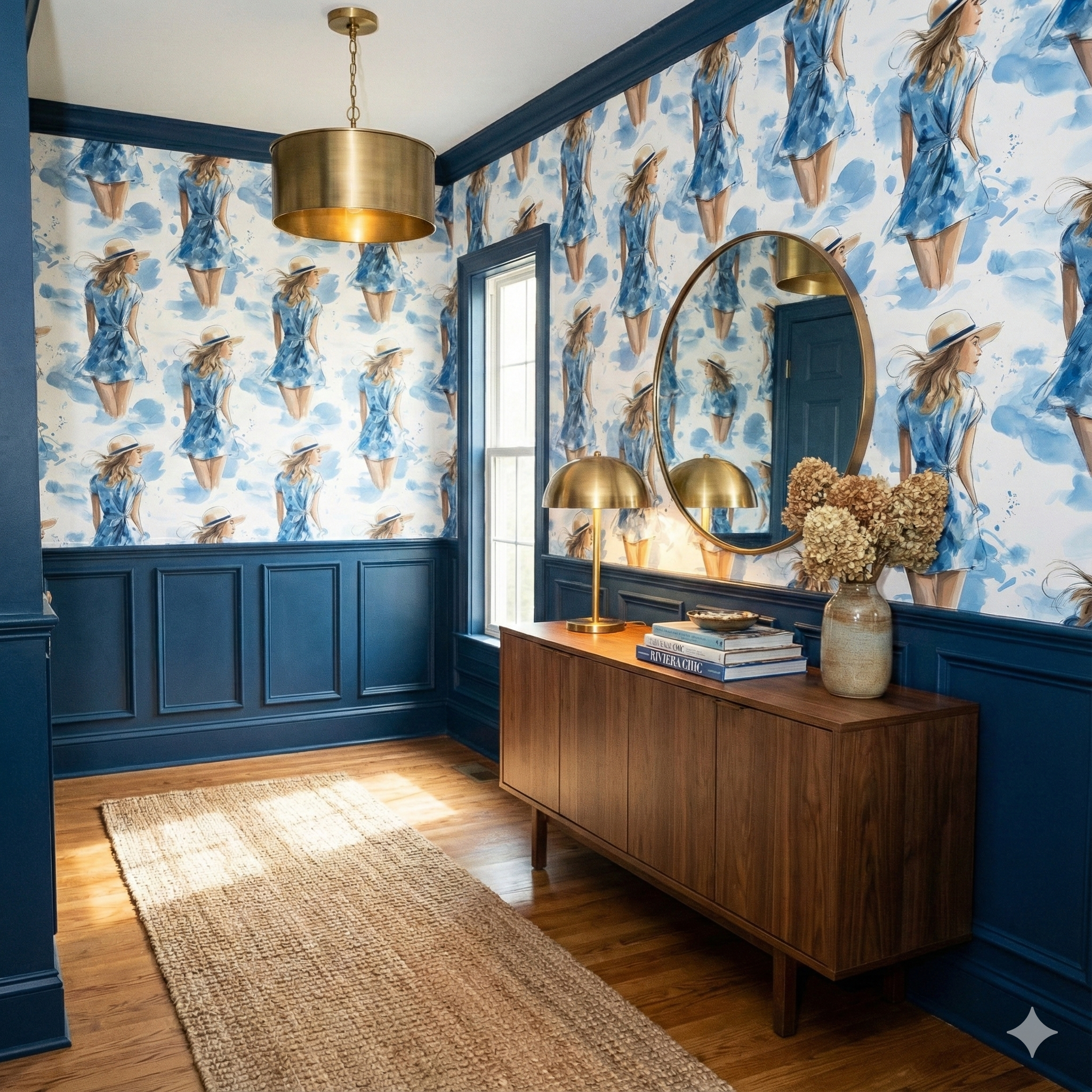 Bluewater Sunday Wallpaper with a blue dress pattern on white background, stylish interior design.