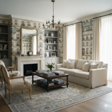 Maison Ruecrest Wallpaper, with a Parisian cityscape print, showing buildings and windows.
