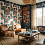 Regatta Minor wallpaper with sailboat pattern, in a colorful living room.