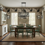 Owl print wallpaper with birds on tree branches, covering the walls above the wainscoting.
