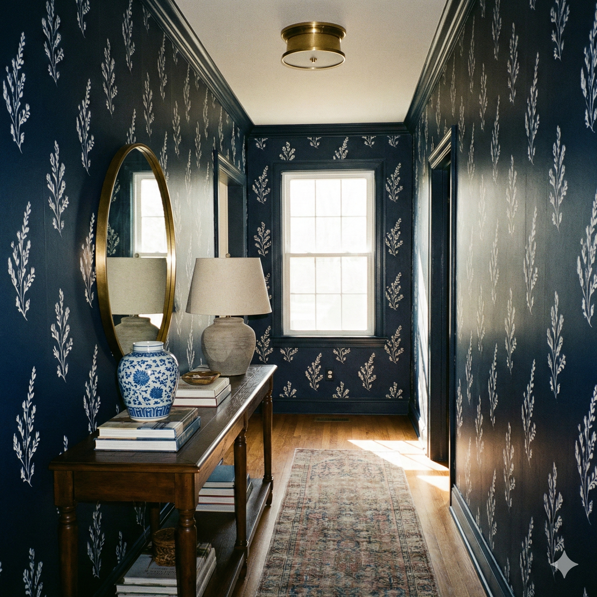 Navy sprig almanac wallpaper with a floral pattern, covering a hallway wall beside a wooden table.