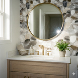 Pebblestone pattern wallpaper by Quarrywell, covering the surface of a bathroom wall with pebble design.