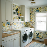 Lemonbloom Companions Wallpaper featuring a playful lemon and dog pattern covering a laundry room wall.