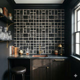 Gridstone Vault wallpaper with a black and grey brick grid pattern.
