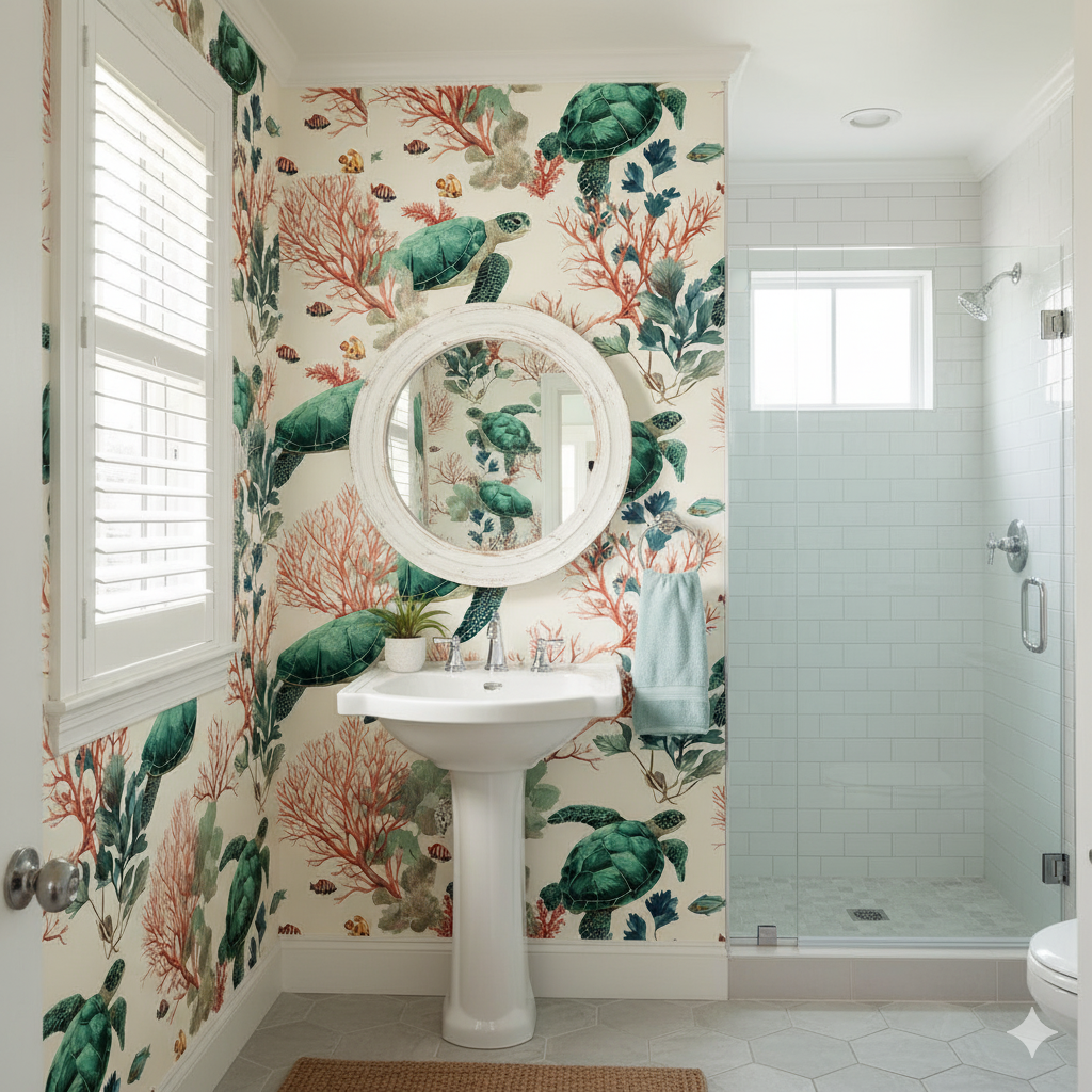 Coral Passage wallpaper with turtle pattern on the wall covering the wall behind the pedestal sink.
