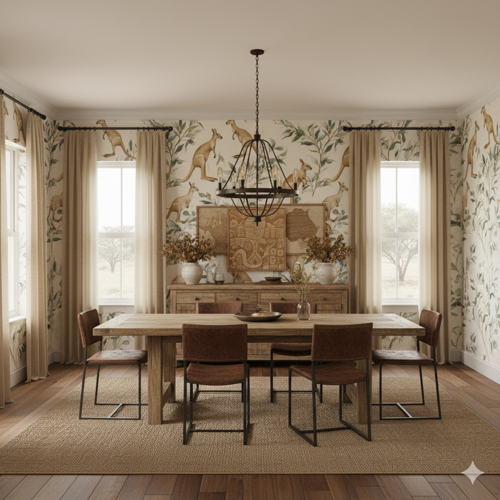 Maranoa Leap wallpaper with a kangaroo print pattern, displayed as a dining room accent wall.