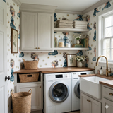 Wrenfield Daisie Wallpaper with daisy pattern in a laundry room setting.