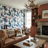 Cattleman's Field Notes wallpaper with cowboy pattern, showing a western-styled living room with a leather sofa and rustic decor.
