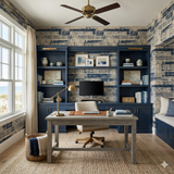 Distressed wallpaper by Brewster Home Fashions, featuring a blue and beige horizontal striped pattern, textured surface, in a home office setting.