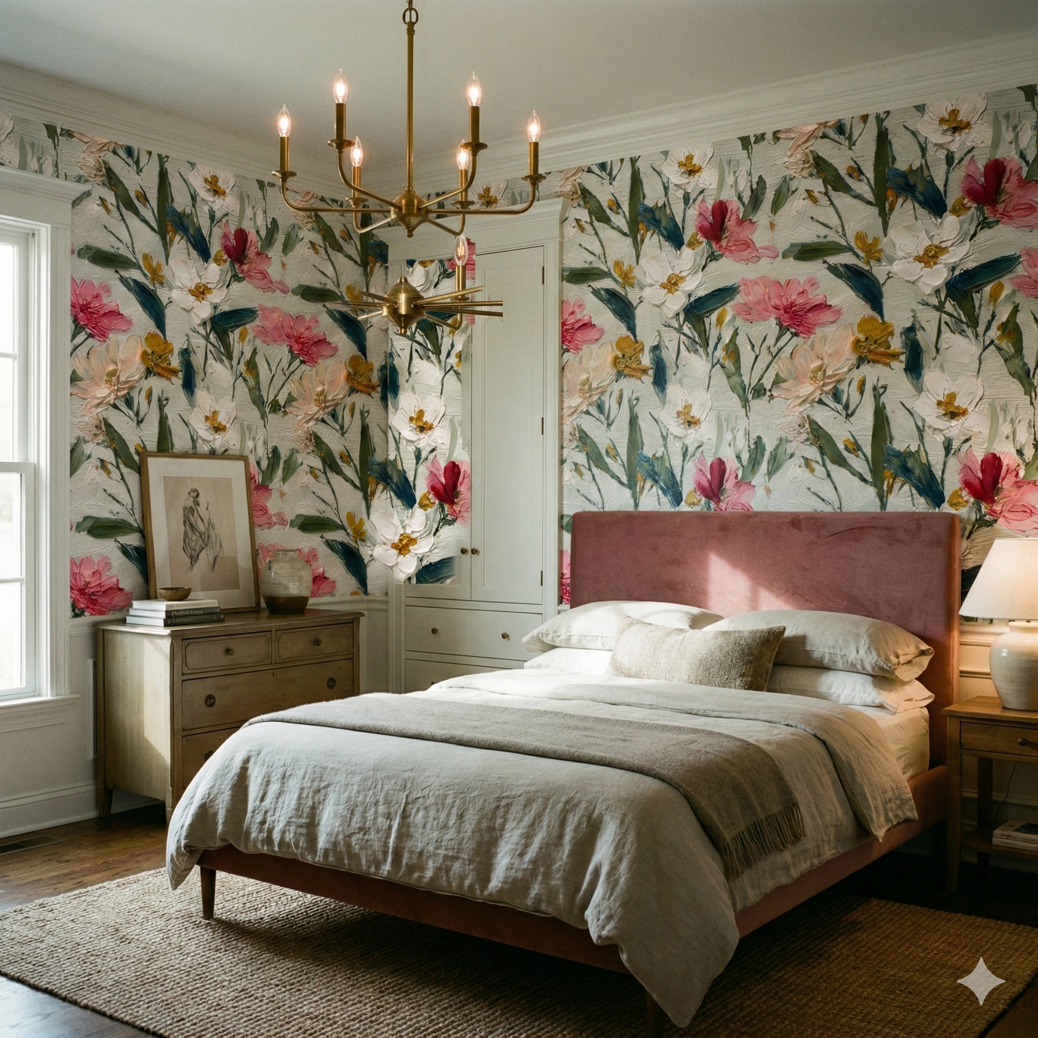 Floral wallpaper with painted-look pattern and visible brushstroke texture.