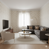 Gilded trellis wallpaper with a geometric diamond pattern on a neutral background.

