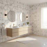 Carrara square wallpaper with a subtle marble pattern, covering a modern bathroom wall with round mirrors and a floating vanity.
