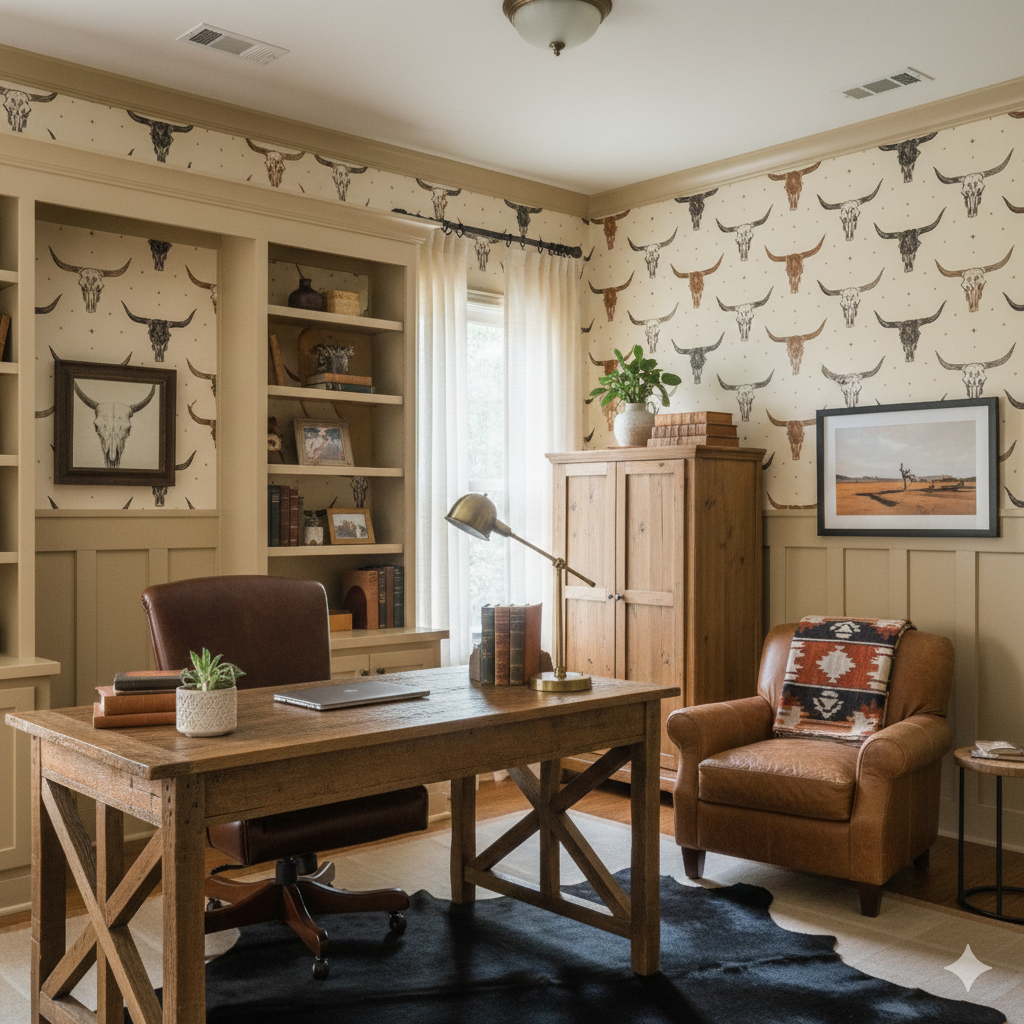 Cattletrail Constellation Wallpaper with a repeated pattern of bull skulls on an off-white background.