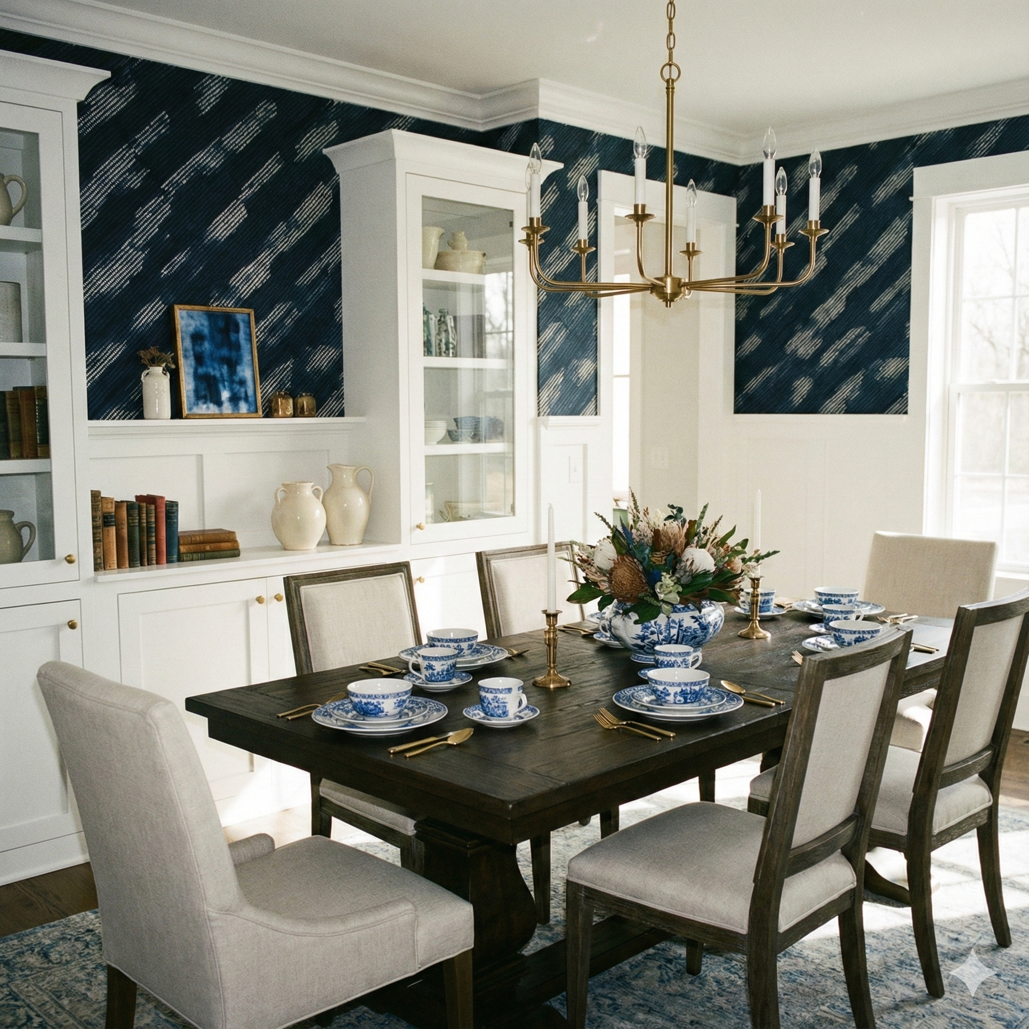 Harborline Weave Wallpaper with a navy and white patterned design.