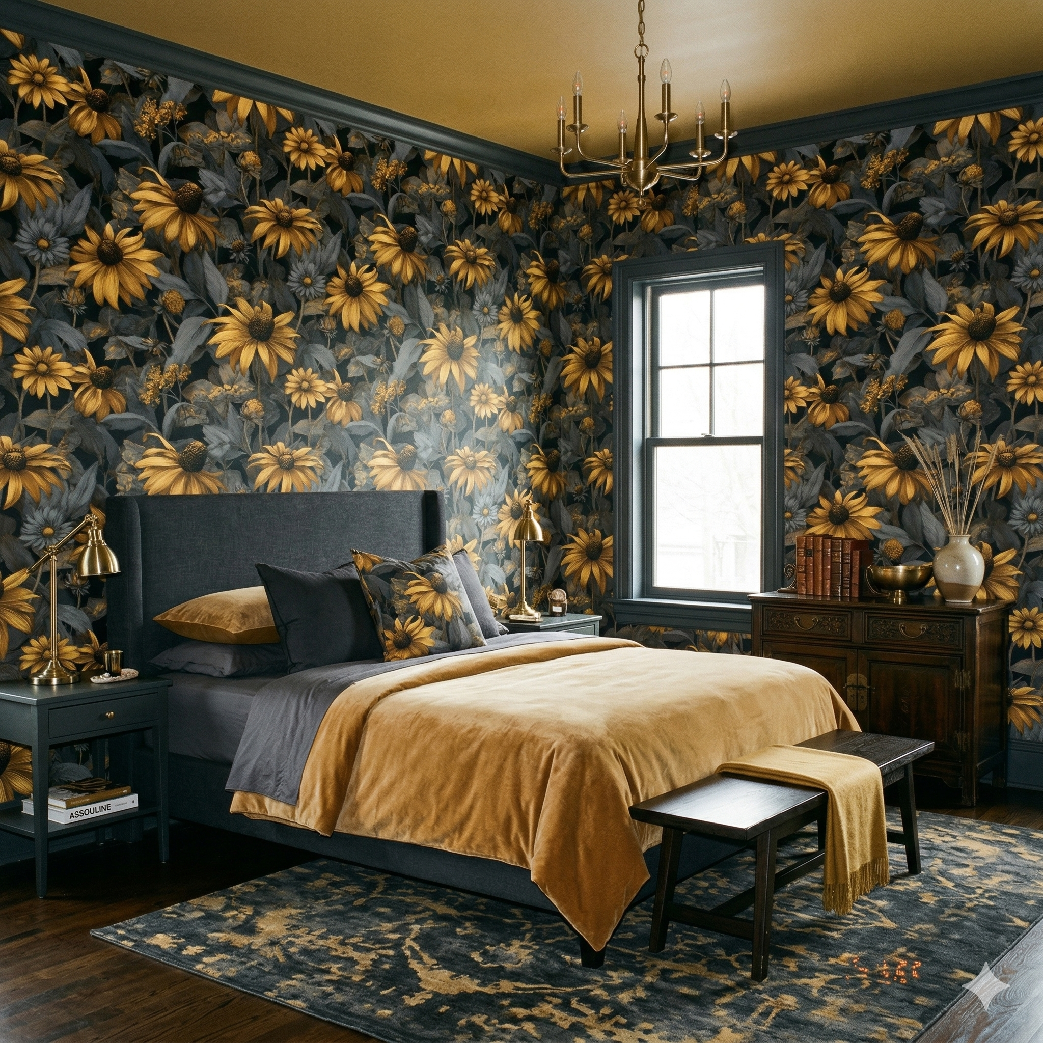 Floral wallpaper in dark shades of gold and grey, showing a sunflower pattern.
