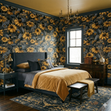 Floral wallpaper in dark shades of gold and grey, showing a sunflower pattern.
