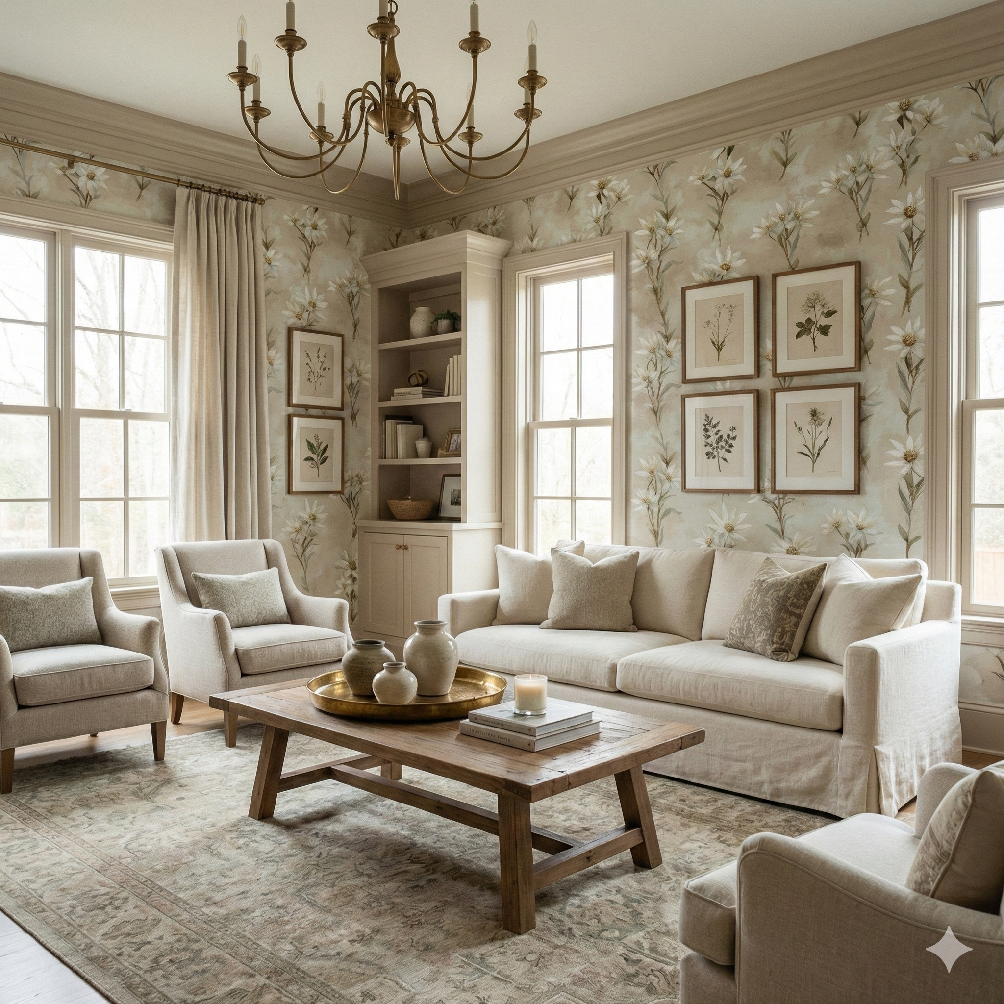 Bloom pattern wallpaper by Edelmark with floral design in a living room setting.