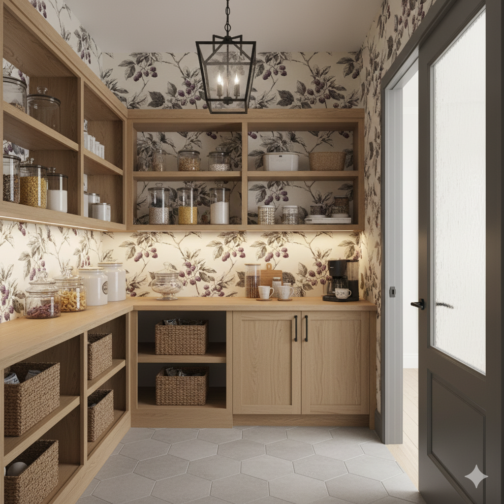 Brambleroot Wallpaper with botanical pattern, featuring leaves and berries on a light background.
