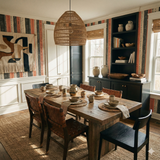 Coral Ledger Wallpaper with a graphic pattern in a dining room setting.