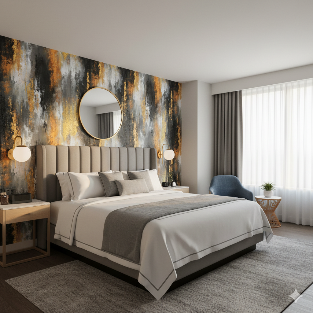 Molten Cascade Wallpaper with abstract patterns and shades of black, gold, and gray.