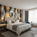 Molten Cascade Wallpaper with abstract patterns and shades of black, gold, and gray.