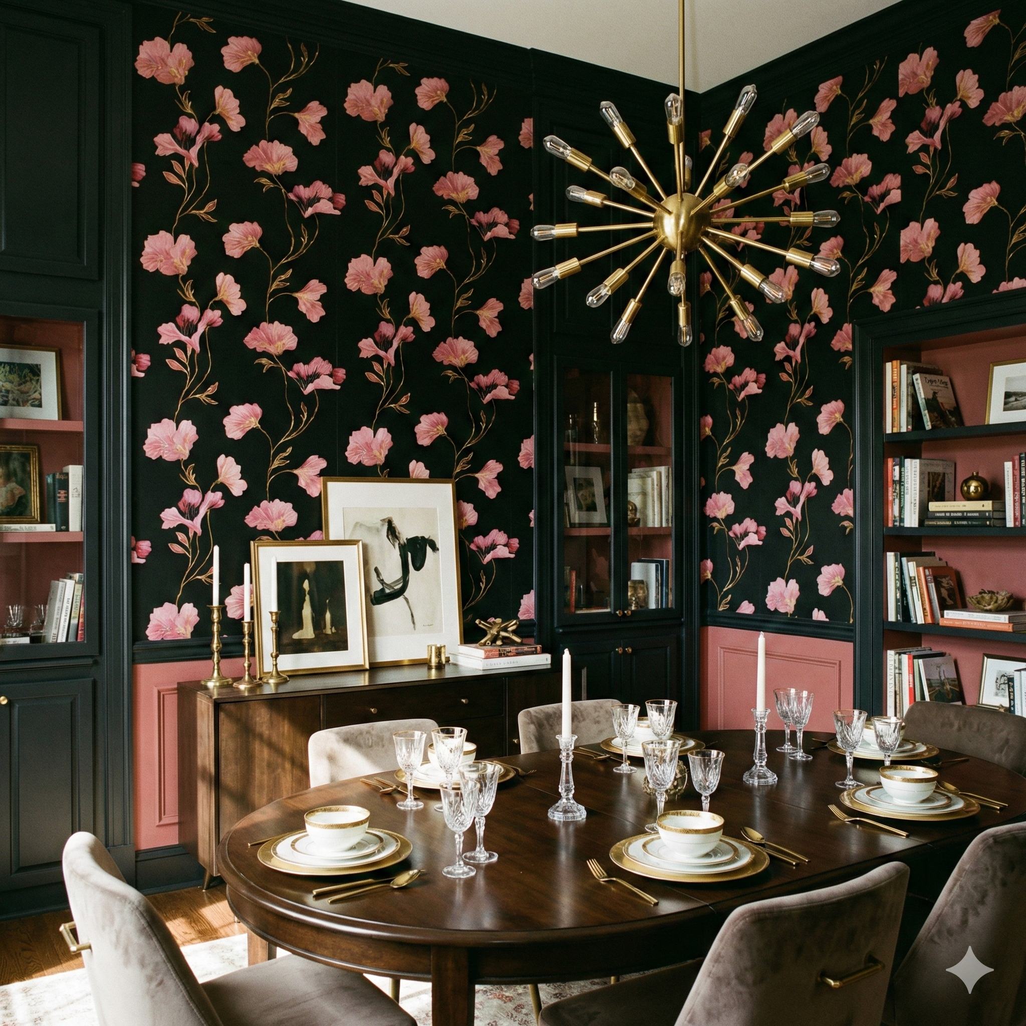 Black floral wallpaper with pink flowers from Atelier Nocturne, covering a dining room.
