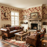 Ciderhouse Carnations Wallpaper with red floral pattern on beige background.
