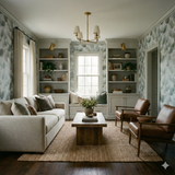 Frosted Aspenveil Wallpaper with delicate leaf pattern covering the living room walls.
