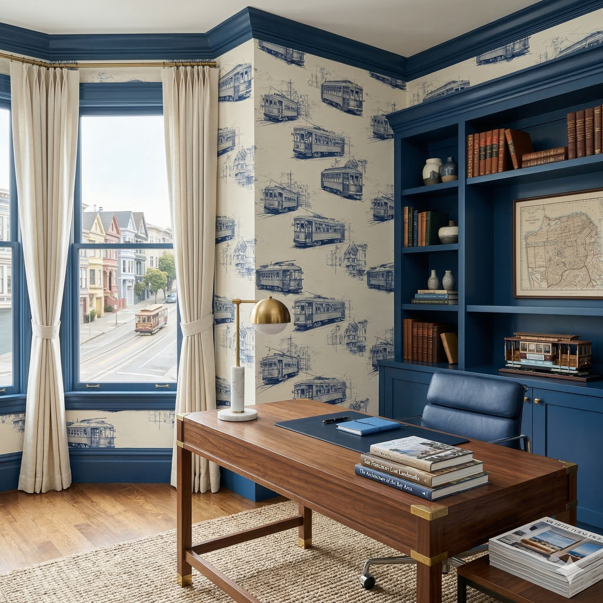 Trolley Vale wallpaper with a blue trolley pattern, with a window view of a matching San Francisco street.
