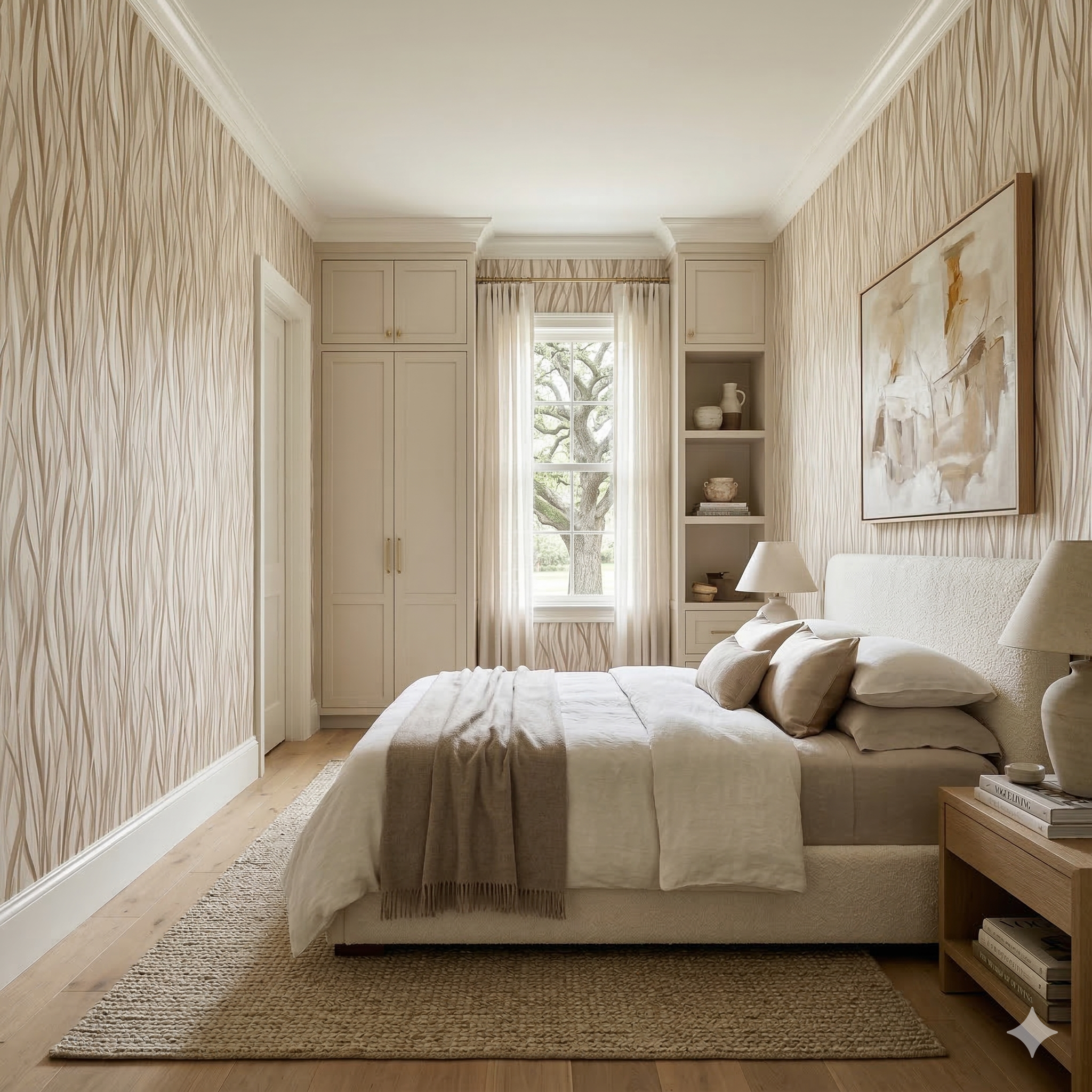 Woven dune wallpaper with wavy vertical pattern and neutral color, featured in a bedroom setting.