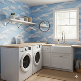 Blue sky and white cloud wallpaper with a hand-painted look, decorating a bright laundry room.