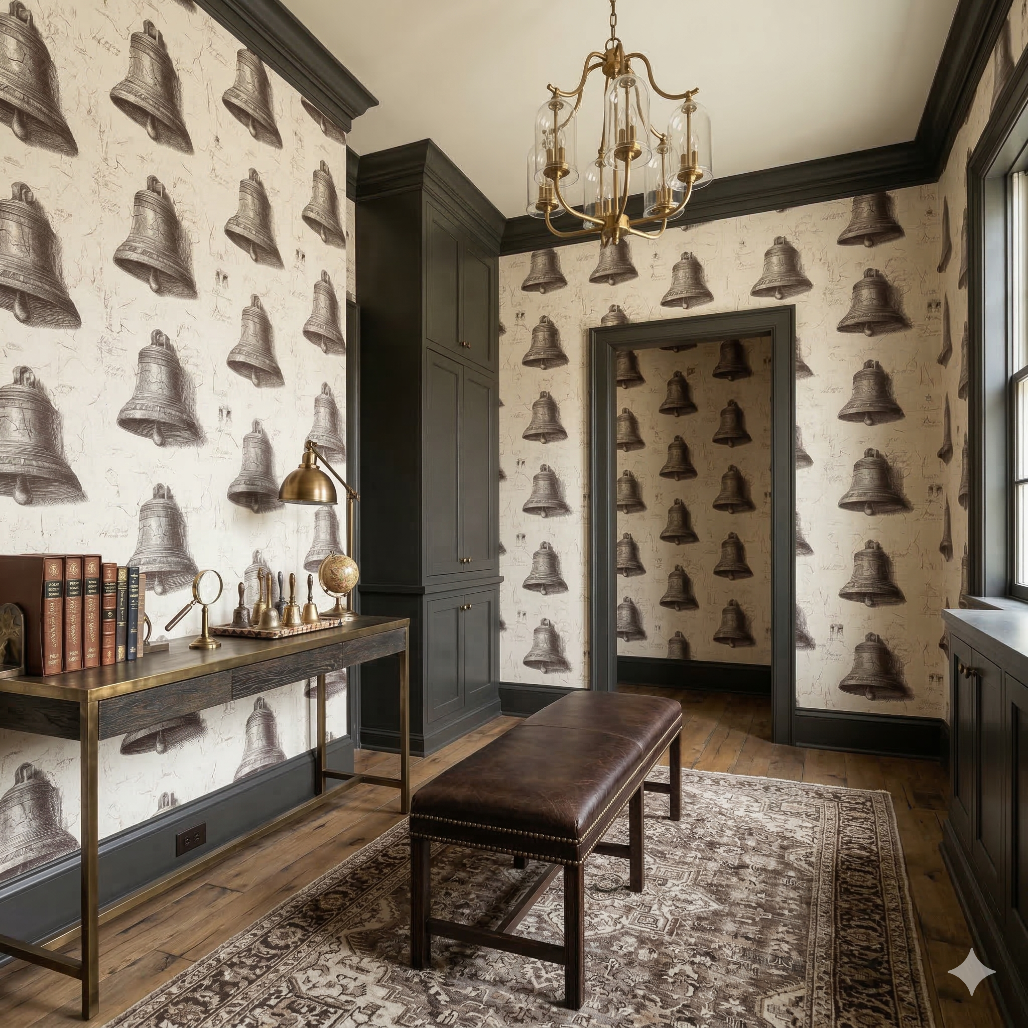 Foundry Echo Wallpaper with bell pattern on a beige background.