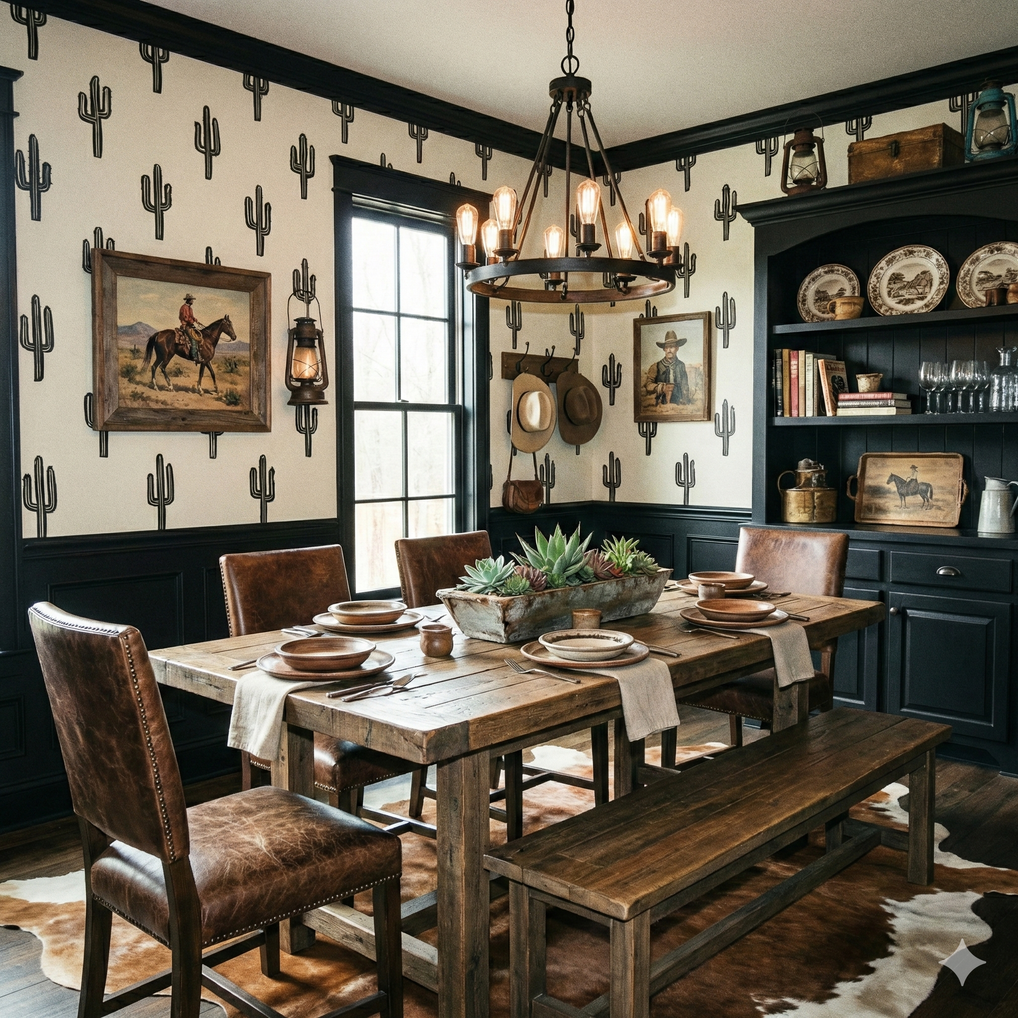Sonoran Stillness wallpaper with black cactus pattern on cream, featuring black wainscoting and rustic western decor.
