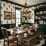 Sonoran Stillness wallpaper with black cactus pattern on cream, featuring black wainscoting and rustic western decor.
