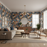 Abstract geometric Blue Forge Wallpaper with blue, orange, and brown brushstroke patterns.