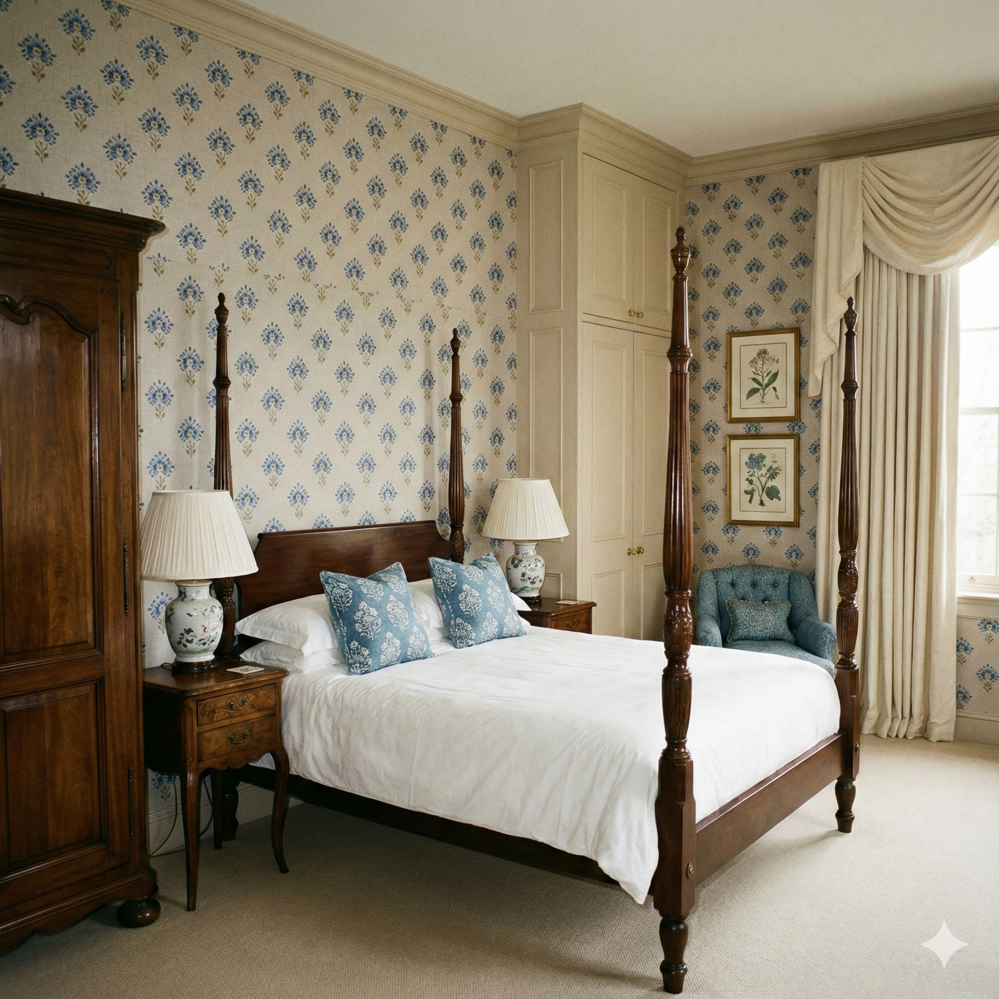 Blue Embroiderie wallpaper with floral pattern, seen in a bedroom setting.
