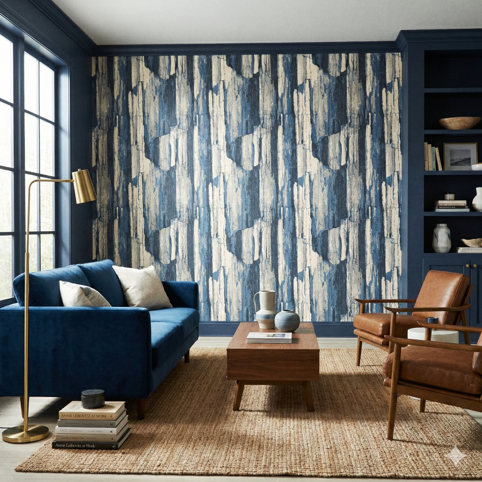 Abstract blue strata wallpaper by Seabrook, featuring a textured pattern in a stylish living room setting.